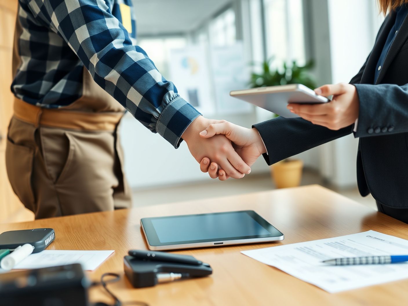 Contractor and financing specialist shaking hands over paperwork after an equipment financing approval