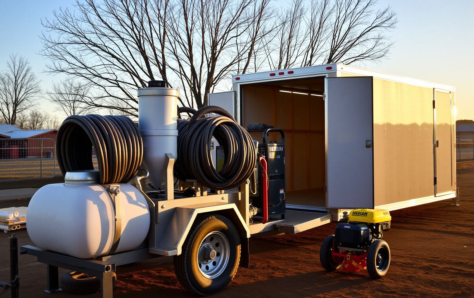 Spray foam proportioning rig and trailer staged at a jobsite, the kind of equipment financed through spray foam rig financing