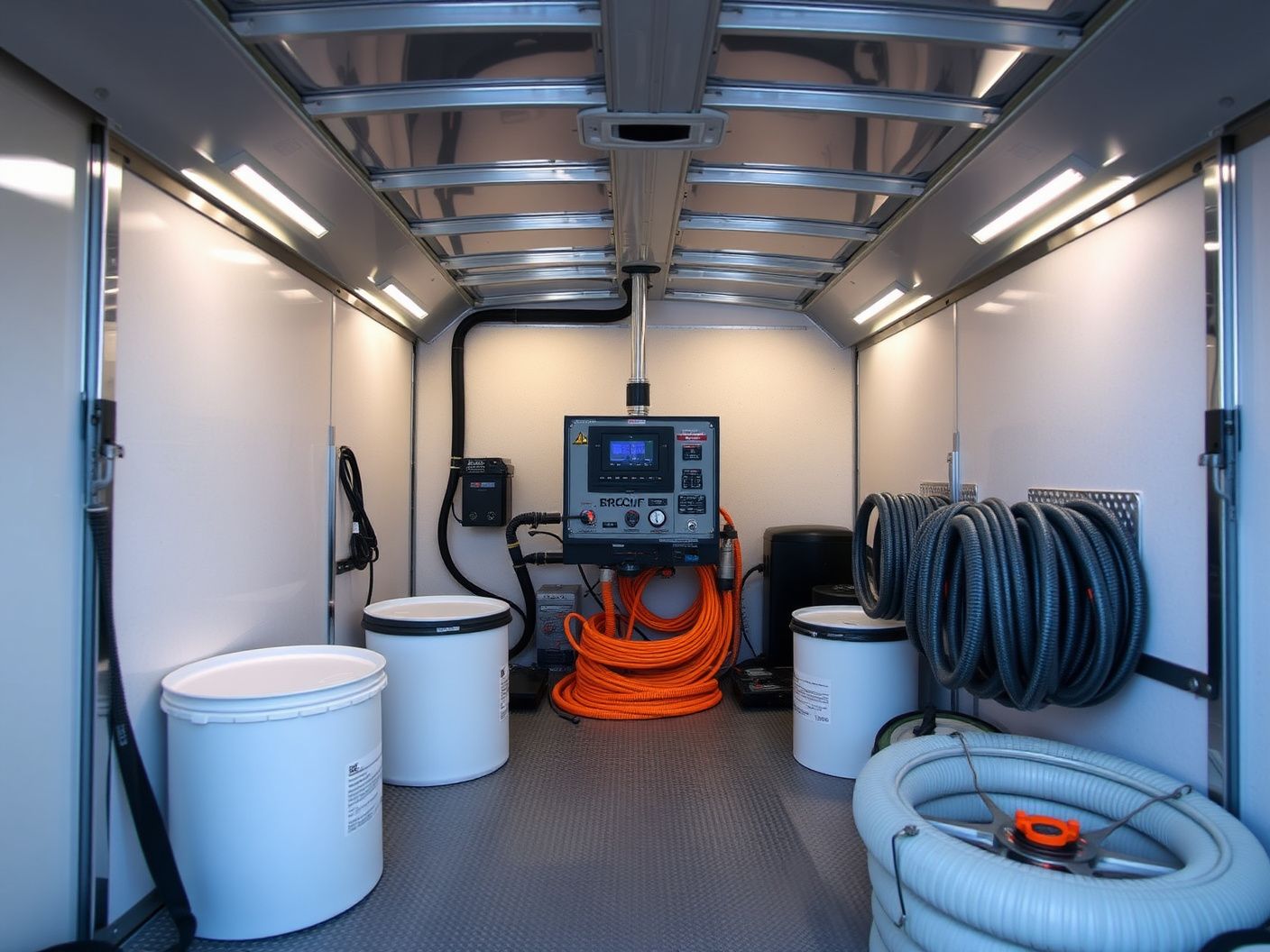Interior view of a spray foam proportioning rig inside a trailer, showing hoses and control panel